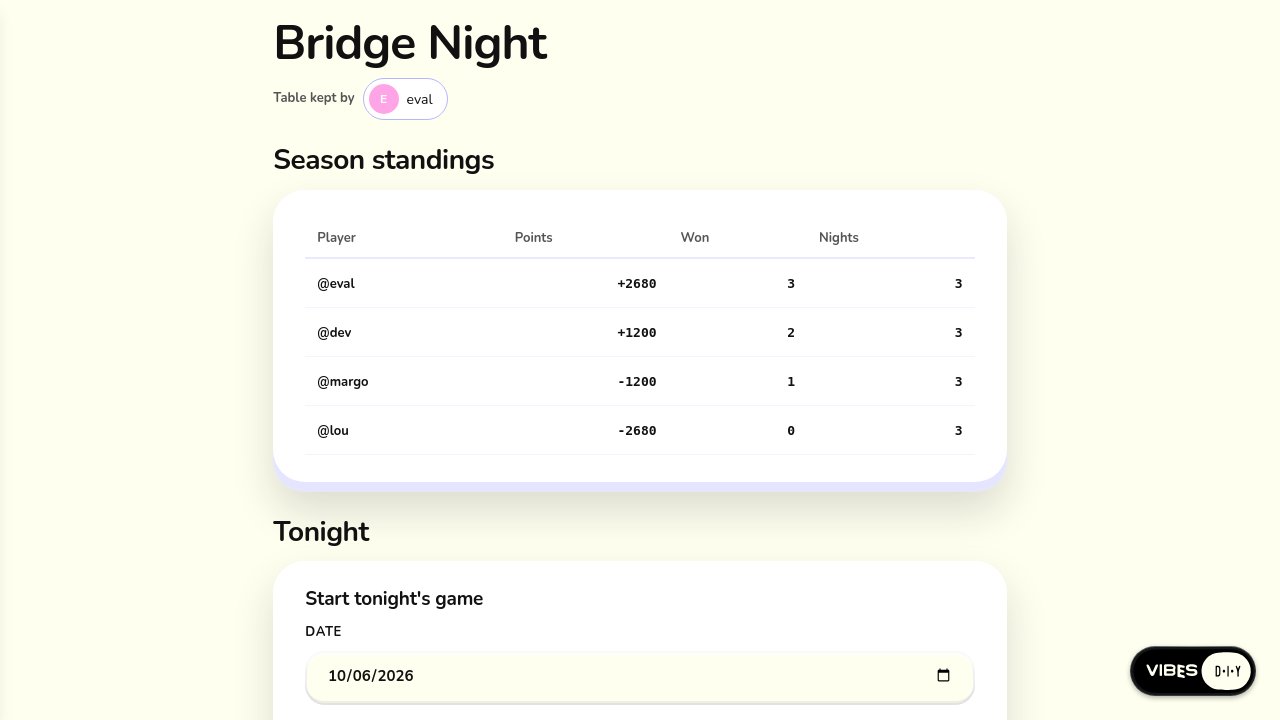 Platform screenshot of the Bridge club app built in round six